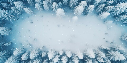 top view winter-themed scene with , featuring a snow-covered woodland.