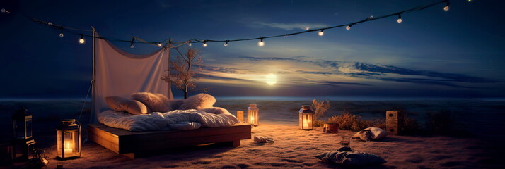 A romantic evening under a starry sky with cozy blankets.