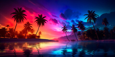 Fototapeta na wymiar transition from day to night in neon-touched tropics, where the setting sun meets the neon lights in a dazzling display of colors.