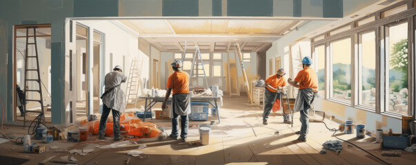 Construction workers paint walls and install ceiling. - obrazy, fototapety, plakaty