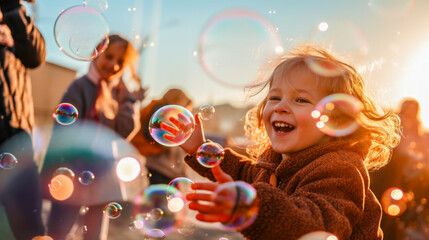 A girl smiles while playing with bubbles surrounded by people.