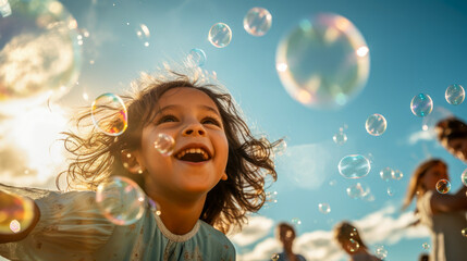 A girl is enjoying bubbles in the park. - obrazy, fototapety, plakaty