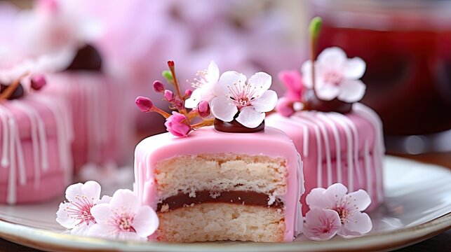 A piece of cake on a plate with flowers. Pink flower decorations. Spring petit four cakes.