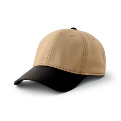 A beige and black baseball cap on a white background.