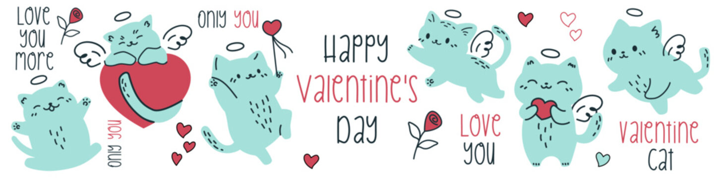 Vector set in doodle style. Cute kittens cupids. Inscriptions on the theme of valentine's day. Hearts, flowers and cats on white background . Vector illustration