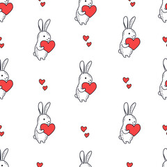 Obraz premium Seamless vector pattern for valentine's day. Cute bunny holding a red heart. . Vector illustration
