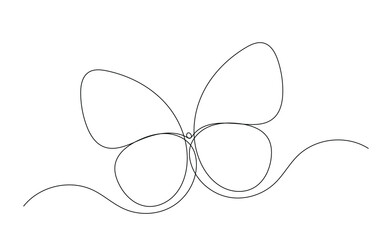 Continuous one line drawing of butterfly. Delicate simple linear logo. Lineart vector illustration