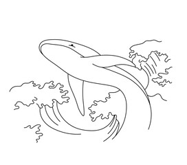 Vector isolated whale jumping from waves colorless black and white contour line drawing