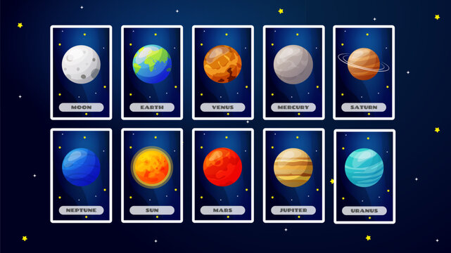 Cosmos flashcards with planet names for kids education. Solar system vector illustrations. .