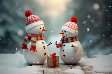 Obraz premium Cheerful snowmen exchange Christmas presents