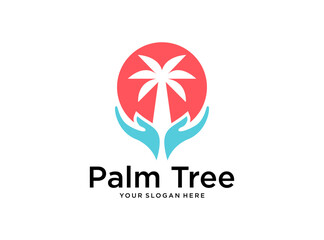 palm or coconut tree care with hand logo design