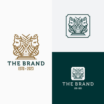 twin god logo. Ancient Greek Figure Face Head Statue Sculpture Logo design, Elegance logo Janus God wearing leaf crown, line linear illustration elegant logo illustration