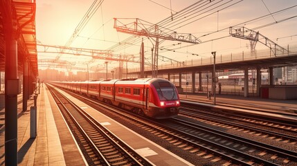 railway station with modern high speed red commuter train - obrazy, fototapety, plakaty