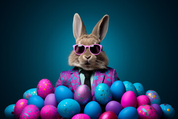 Easter bunny in a cool acid jacket with a tie on a pile of eggs