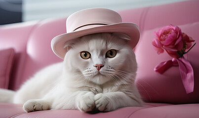 Scottish Fold Cat wearing hat, cat relaxing on a white pink pastel sofa