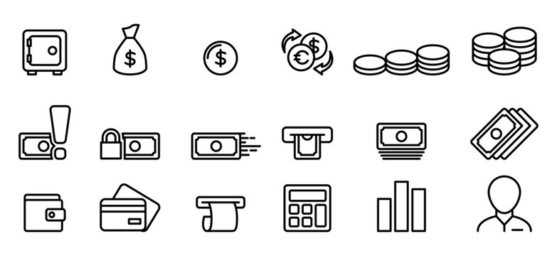 set of icon of money in the style of one line art. editable outline stroke.