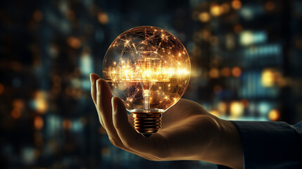 Hand holding light bulb and business digital marketing innovation technology icons on network