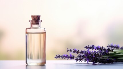 A bottle of perfume next to a bunch of lavender flowers.