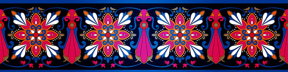 Seamless colorful gradient border flowers, ethnic tribes.