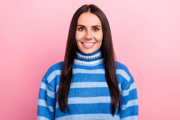 Portrait of gorgeous satisfied glad young lady beaming toothy smile warm turtleneck isolated on pink color background