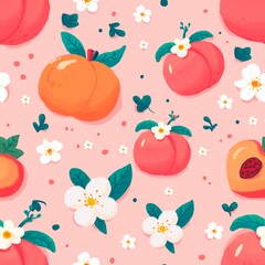 Seamless pattern of peach fruit with green leaves and cute flower on pink background vector illustration.