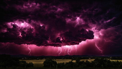 lightning in the pink night sky