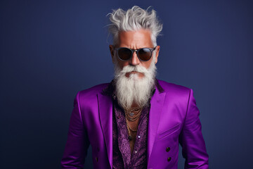 60 year old fashionable hipster man portrait on bright purple background - obrazy, fototapety, plakaty