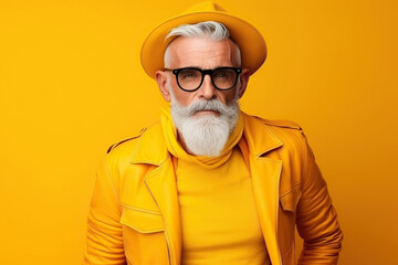60 year old fashionable hipster man portrait on bright yellow background - obrazy, fototapety, plakaty