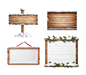 Wooden sign board copy space for text with snow isolated, transparent PNG