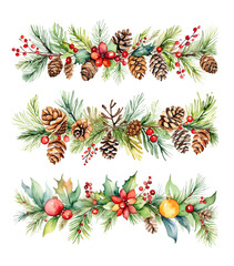 Fototapeta premium Horizontal Christmas watercolor wreaths isolated, transparent PNG