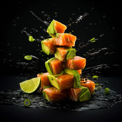 Swirl with avocado small cubes and salmon pieces, 3/ 4 view, spotlight, dark background, food shot