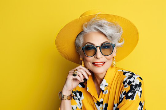 60 year old fashionable hipster woman portrait on yellow background