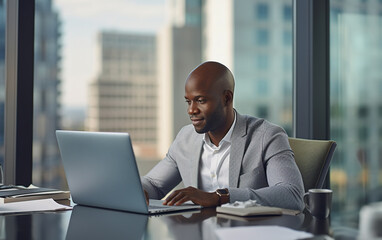 A African American successful startup CEO sitting at his desk with a laptop.