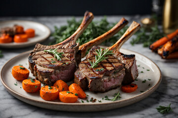 Delicious grilled lamb chops with roasted carrots on a chic marble background, food photography, food art Generative AI