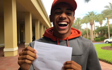 A teenager receiving an acceptance letter from a college.