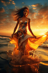 Beautiful woman against the backdrop of a golden sunset on a pristine beach.