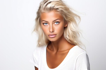 Naklejka premium Attractive beautiful gorgeous Scandinavian skinny tanned model on white background.