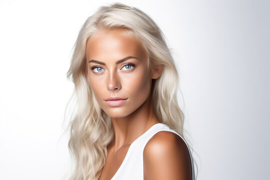 Attractive beautiful gorgeous Scandinavian skinny tanned model on white background.