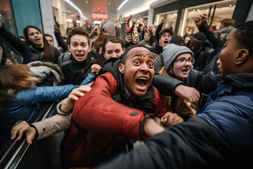 Black Friday Sale. A crowd of people jostle to grab discounted clothes in a shopping center - obrazy, fototapety, plakaty