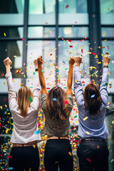 Office young workers, standing happy with hands up, a lot of color confetti, day time