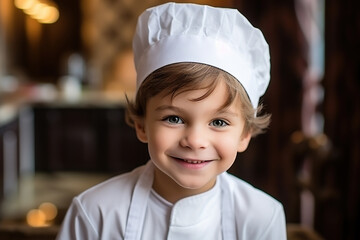 Portrait of a smiling little boy in the hat of the chef