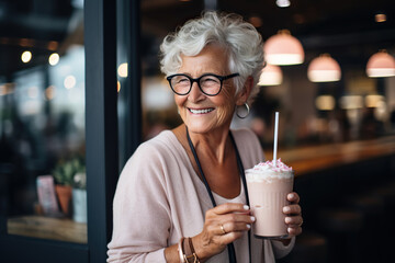 Smiling senior woman with milkshake at bar or coffee shop - obrazy, fototapety, plakaty