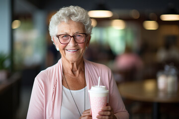 Smiling senior woman with milkshake at bar or coffee shop