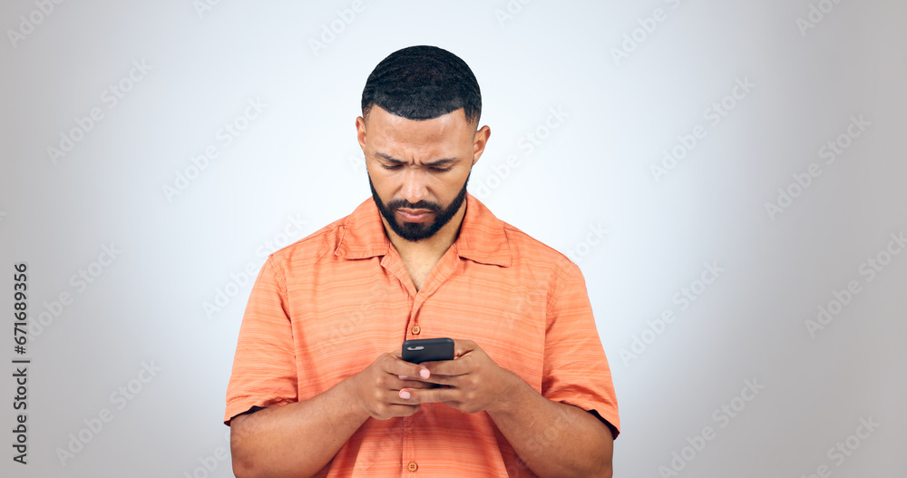 Poster confused, text and man in studio reading fake news, email or error notification on grey background. 