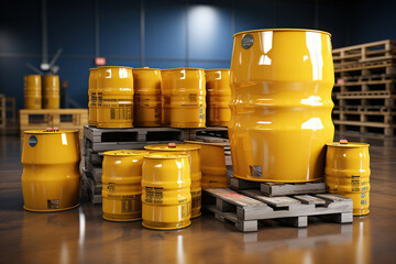 Yellow barrel drum on the pallets contain liquid chemical in warehouse - obrazy, fototapety, plakaty
