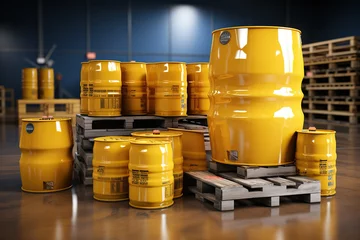 Fotobehang Yellow barrel drum on the pallets contain liquid chemical in warehouse © AI_images