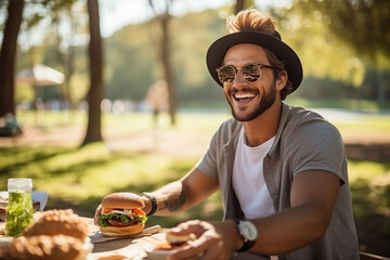 Young man having a picnic in the park and eating a hamburger - obrazy, fototapety, plakaty