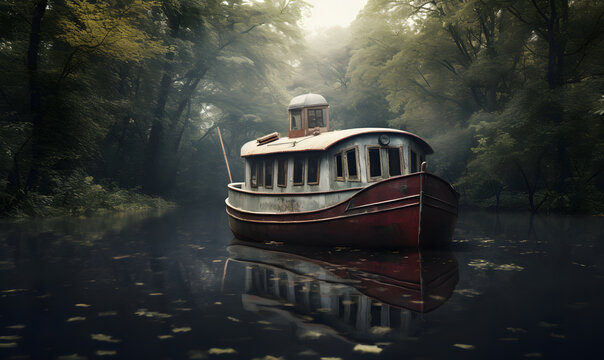 a dilapidated old abandoned houseboat on a boggy dank canal