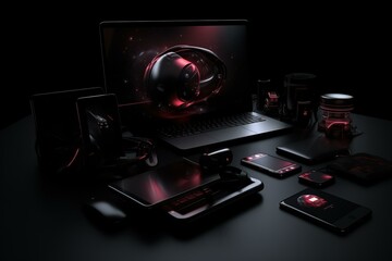 Dark background with devices - 3D rendering. Generative AI