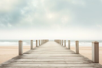 White wooden pier on blurry beach. Generative AI
